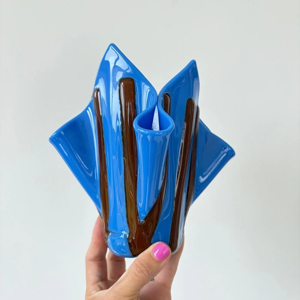 Vintage Murano Style Blue Handkerchief Art Glass Vase Copper Aventurine Stripes